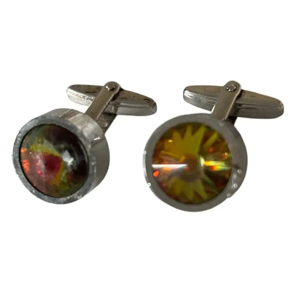 Mystic Topaz Multicolored Rainbow Crystal Cufflinks Rivioli Vintage Silver Tone